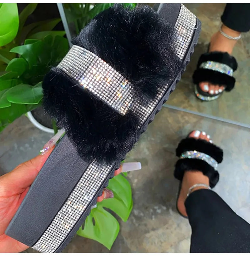 Fur Slippers Rhinestone Sandals
