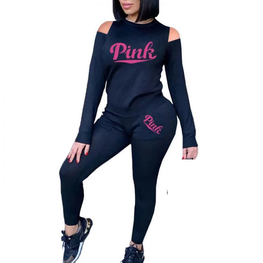 Autumn  Tracksuits Long Sleeve Top Pants Sets Pink Letter Print Fashion Two Piece Sets Sports Workout 2pcs