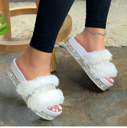Fur Slippers Rhinestone Sandals