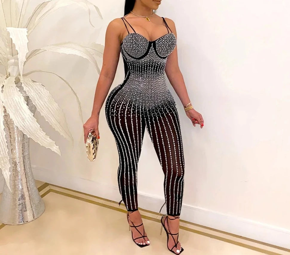 Women Diamonds Hot Rhinestones Mesh See Though Spaghetti Strap Jumpsuit Sexy Party One Piece Overall Romper Playsuits