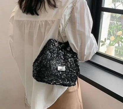 Large Capacity Bling Sequins Handbag Casual Metal Chain Shoulder Bag