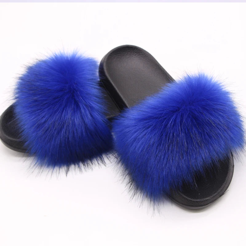 Summer Faux Fox  Fur Sandals  Fluffy Slippers Indoor Outdoor