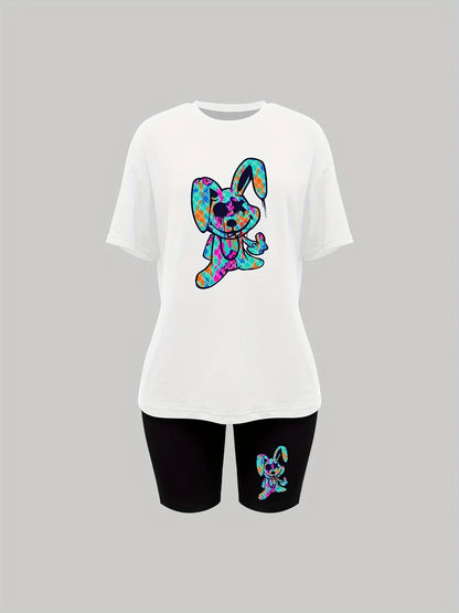 Women's Cartoon Print Two Piece Outfit Short Sleeve Crew