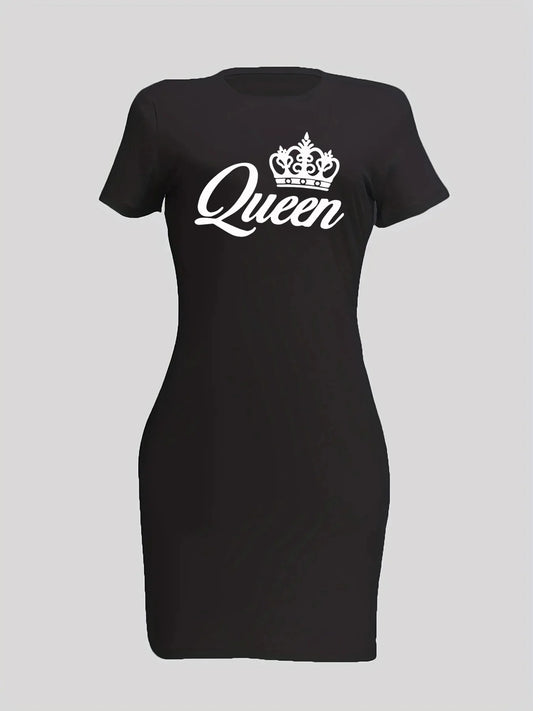 Queen Printed Short Sleeved Round Neck Loose Casual T-shirt Dress