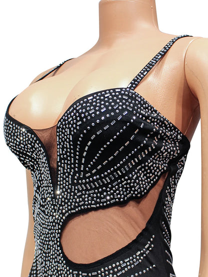 Luxury Black Crystal Long Maxi Dress Gown Sparkle Mesh High Slit Dress