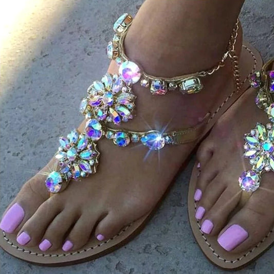 Sandals Shoes Rhinestones Chains Thong Gladiator Flat Sandals Crystal Chaussure