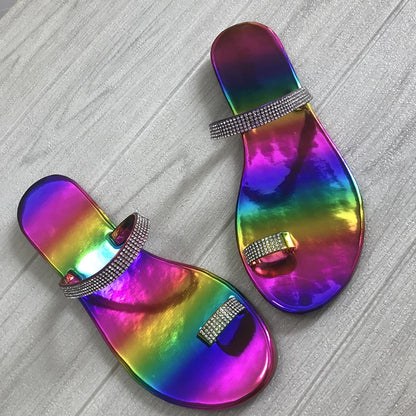 Summer Casual Beach Flats Shoes Flip Flops Slides Rainbow Rhinestones Fashion