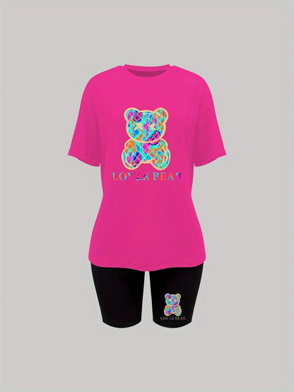 Lover Bear Print Two Piece Outfit Short Sleeve Crew Neck