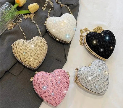 Love Heart Shape Glitter Sequins Mini Clutch Handbag Women Bling Diamond  Leather Messenger Purse Crossbody Shoulder Bag