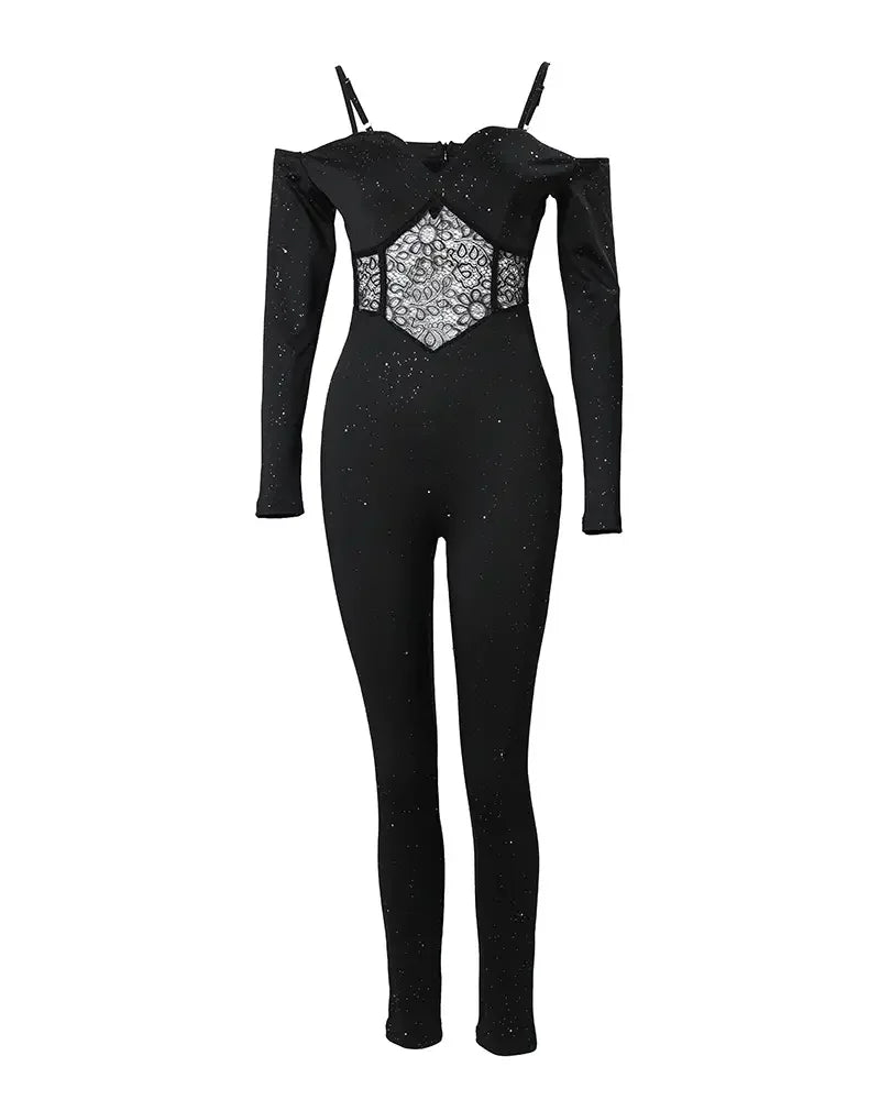 Sexy Party Night Out Jumpsuit Women Elegance 2022 Plain Glitter Cold Shoulder Long Sleeve Contrast Lace Corset Skinny Jumpsuit