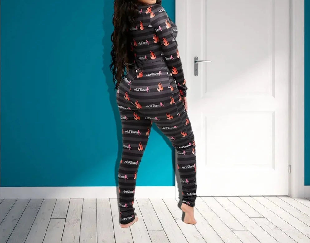 Onesie Fashion Print Button Women Jumpsuit Sexy V-Neck Winter Long Sleeve Pajamas Sleepwear