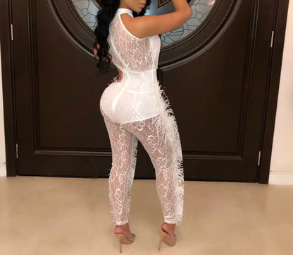Sleeveless Lace See Though Fur Side Skinny Stretchy Jumpsuit Streetwear Sexy One Piece Suit INS Playsuits