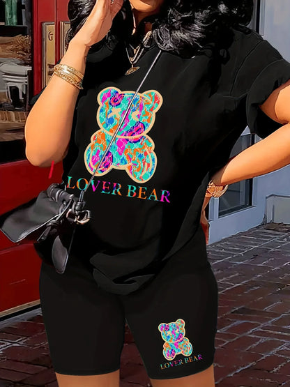 Lover Bear Print Two Piece Outfit Short Sleeve Crew Neck