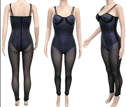 Women Diamonds Hot Rhinestones Mesh See Though Spaghetti Strap Jumpsuit Sexy Party One Piece Overall Romper Playsuits