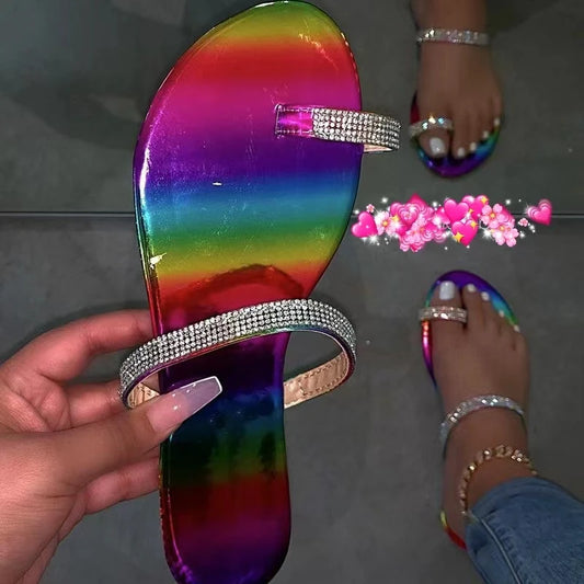 Summer Casual Beach Flats Shoes Flip Flops Slides Rainbow Rhinestones Fashion