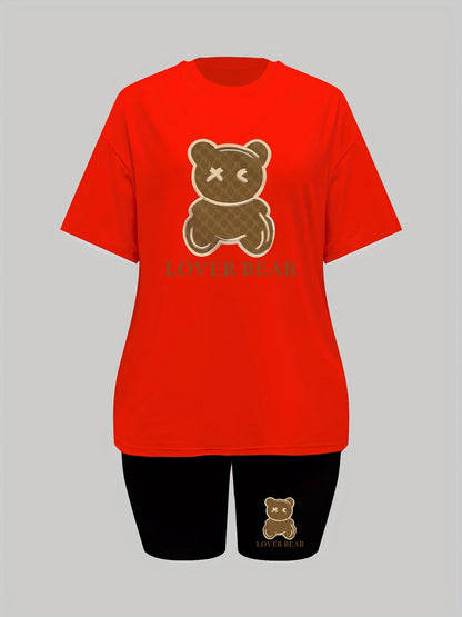 Women's Casual Loose  Lover Bear Print Two Piece Outfit_ Short Sleeve