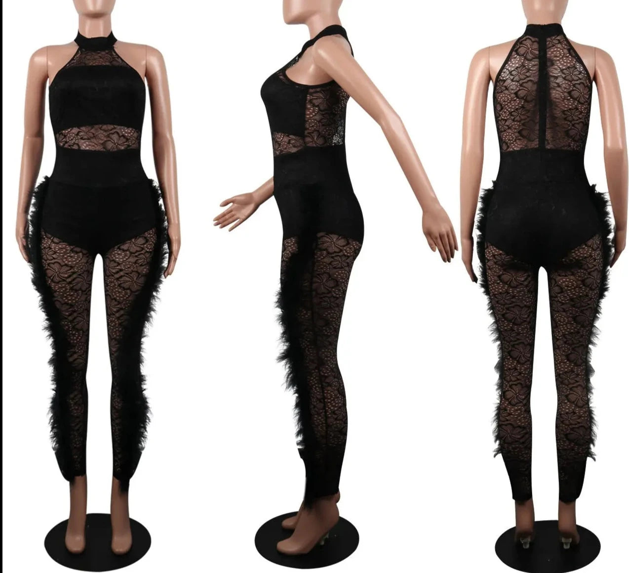Sleeveless Lace See Though Fur Side Skinny Stretchy Jumpsuit Streetwear Sexy One Piece Suit INS Playsuits