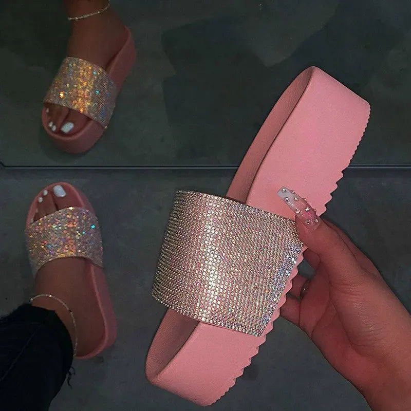 Spring/summer/waterproof platform thick bottom rhinestone slippers candy-colored