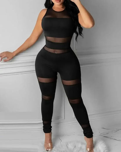 Summer Spring Fashion Sheer Mesh Sleeveless Skinny Jumpsuit Casual Sexy Long Sleeve Jumpsuits