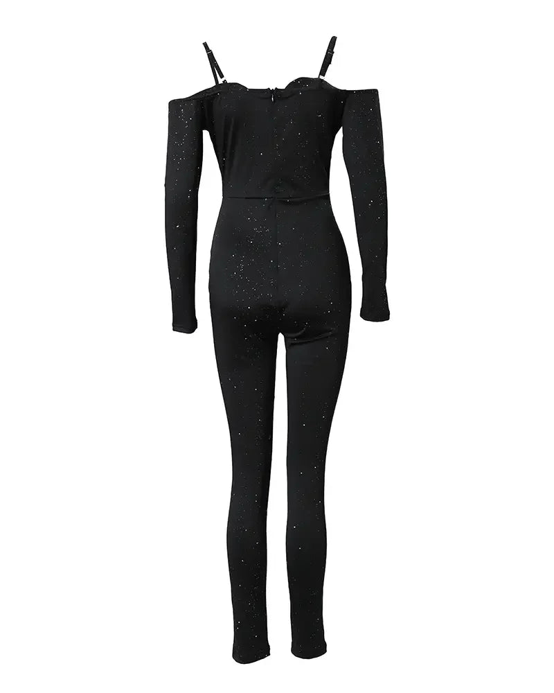 Sexy Party Night Out Jumpsuit Women Elegance 2022 Plain Glitter Cold Shoulder Long Sleeve Contrast Lace Corset Skinny Jumpsuit